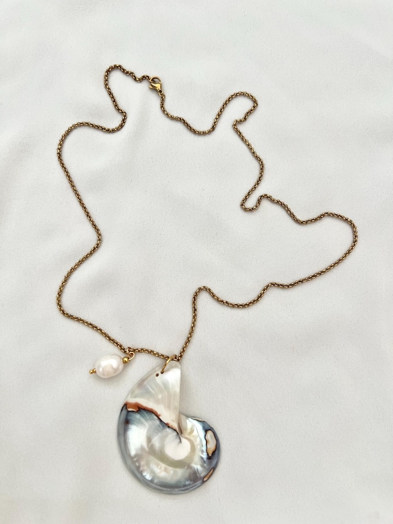 Unique Nautilus shell pearl long gold chain necklace