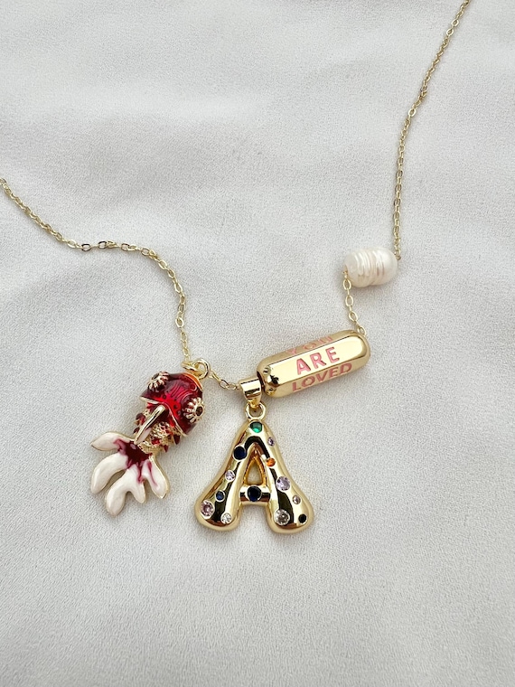 Dark red Cloisonné goldfish custom Cubic Zirconia bubble letter You are loved pendant pearl gold necklace