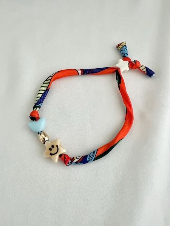 Happy star orange blue green recycled scarf string bead bracelet