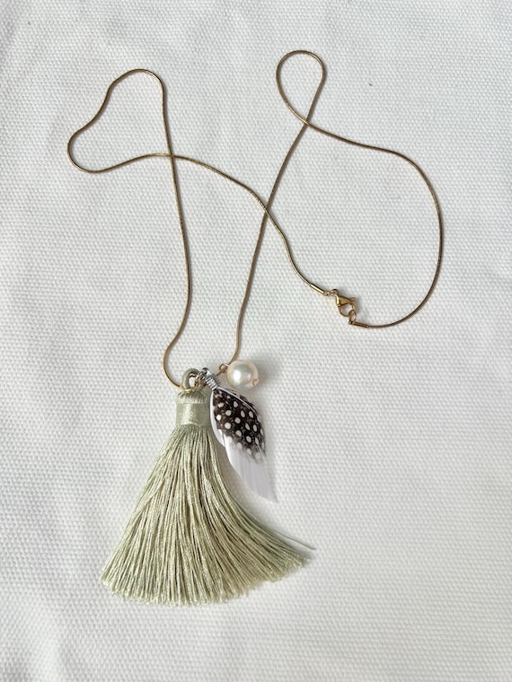 Light green silk feather pearl long gold necklace