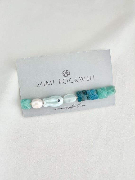 Apatite and Amazonite pearl ceramic fish elastic beaded bracelet