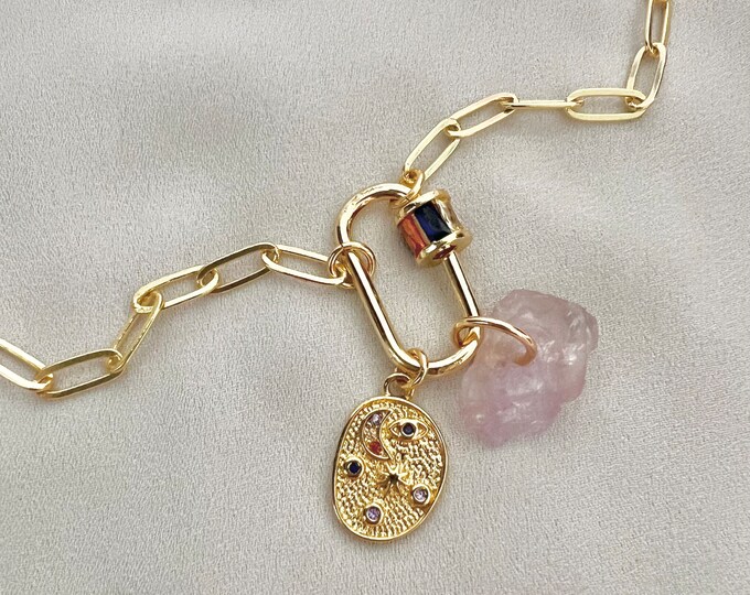 Crystal gold pendant carabiner lock necklace