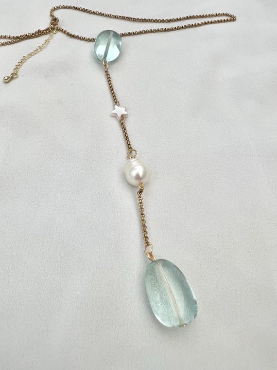 Light aqua blue Obsidian stone pearl shell star Y shaped gold chain necklace