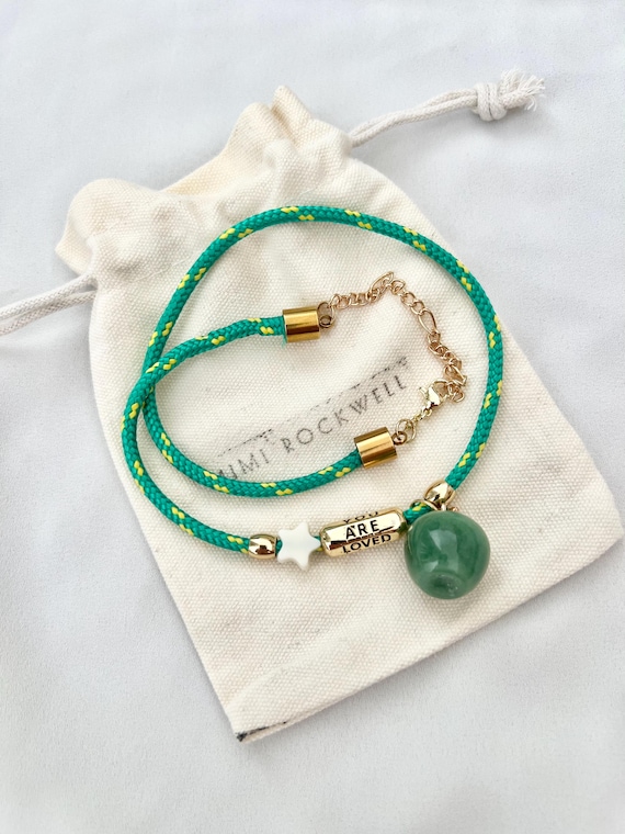 Apple gemstone you are loved charm green cord gold necklace