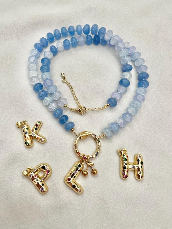 Custom gold Cubic Zirconia bubble letter blue lilac rondelle glass bead gold necklace