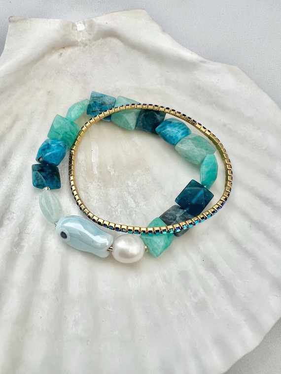 Apatite and Amazonite pearl ceramic fish and blue stone Rihinstone tennis bracelet set