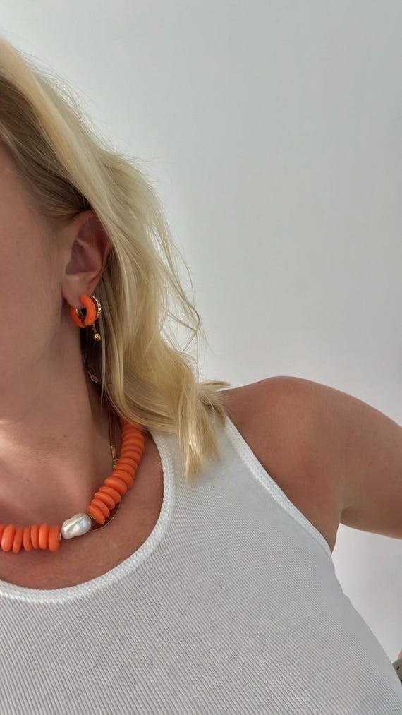 Baroque pearl recycled African Tangerine orange glass bead gold necklace