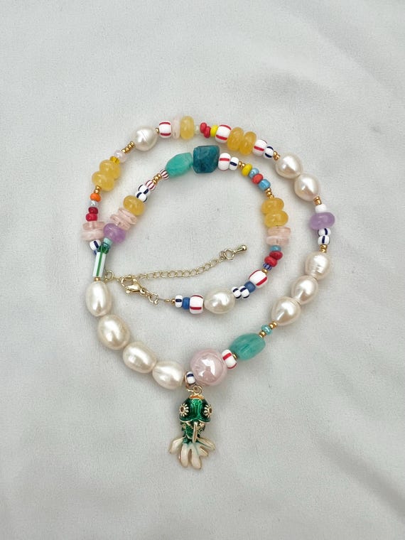 Green Cloisonne gold fish Baroque freshwater pearl multicoloured glass bead gold necklace