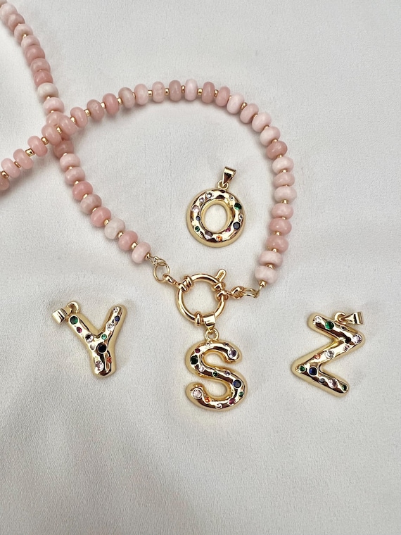 Custom gold Zircon letter pink Opal crystal beaded gold necklace