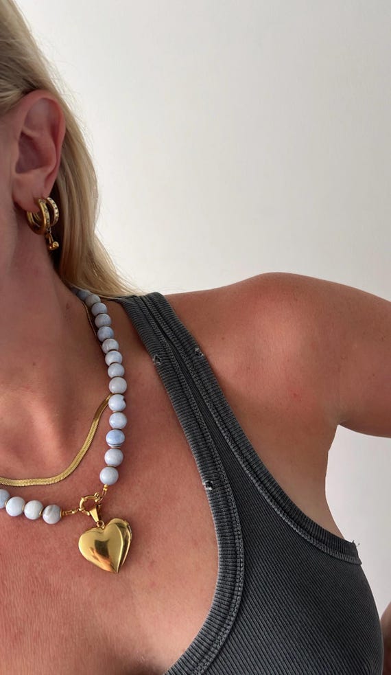 Light blue Chalcedony gold heart locket necklace