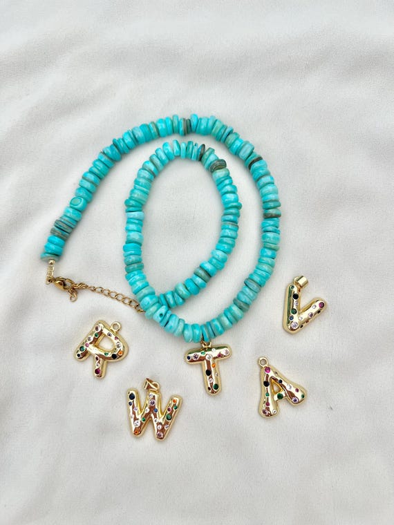 Zircon bubble custom letter Turquoise shell bead necklace