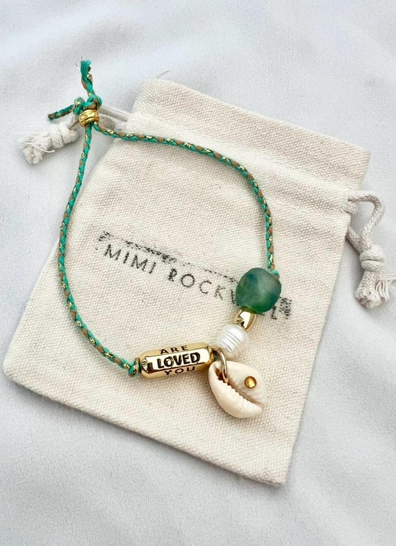 You are loved shell pearl recycled glass bead green string gold bracelet