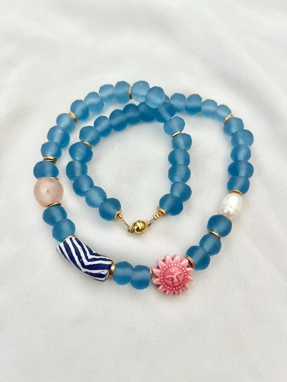Recycled African glass blue pearl pink sun magnetic lock gold necklace