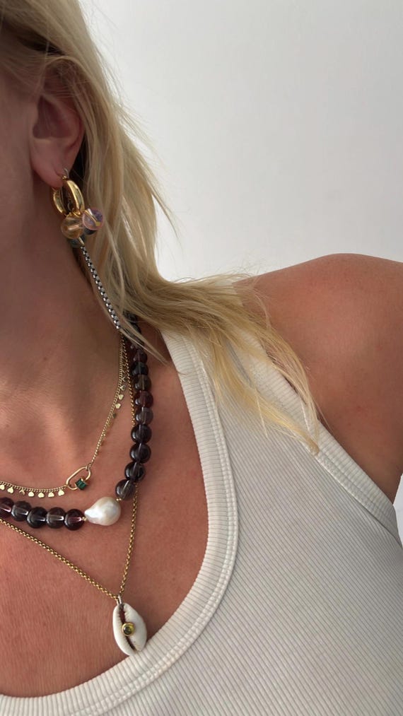 Dark brown glass bead Baroque pearl necklace