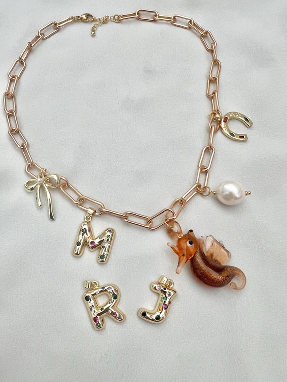 Brown glass Seahorse custom letter pearl multi charm paperclip necklace