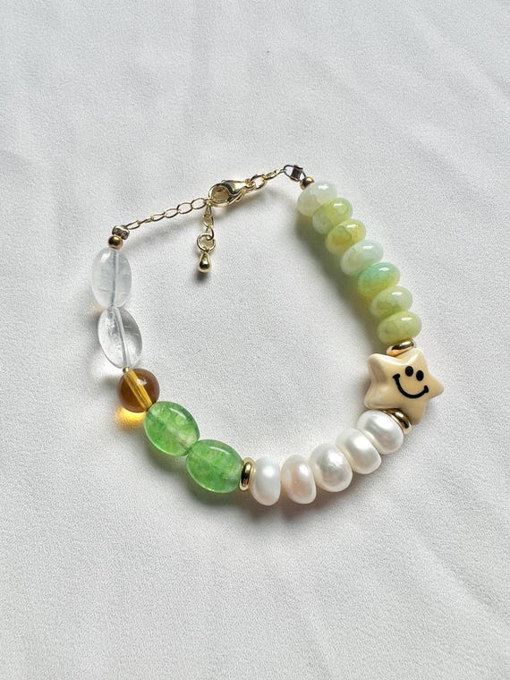 Baroque freshwater pearl green glass ceramic star bead gold bracelet