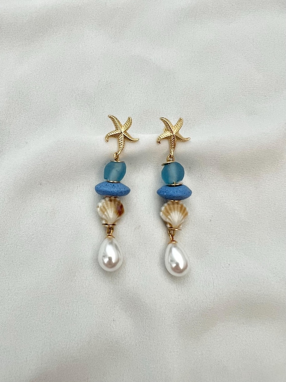 Blue recycled glass shell pearl starfish stud dangle drop gold earrings