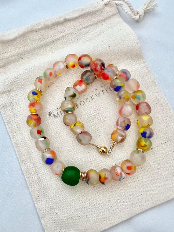 Rainbow speckled recycled African glass magnetic lock gold necklace