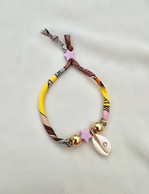 Brown yellow recycled scarf string shell charm bead bracelet