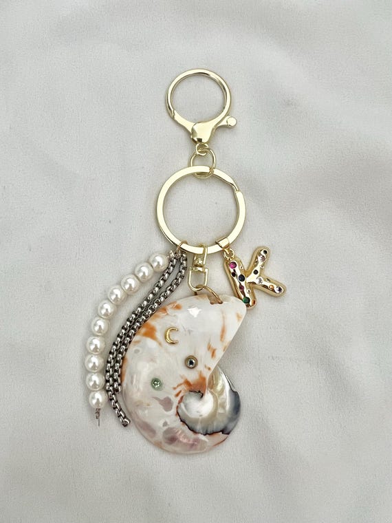 Custom gold letter Nautilus shell key ring bag hang