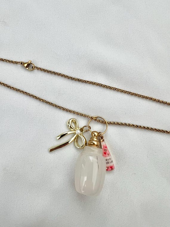 Love potion White Agate crystal stone bottle bow charm gold chain necklace