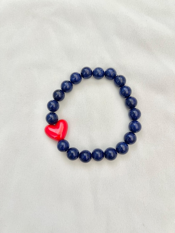 Red heart Lapis lazuli crystal gemstone bead bracelet