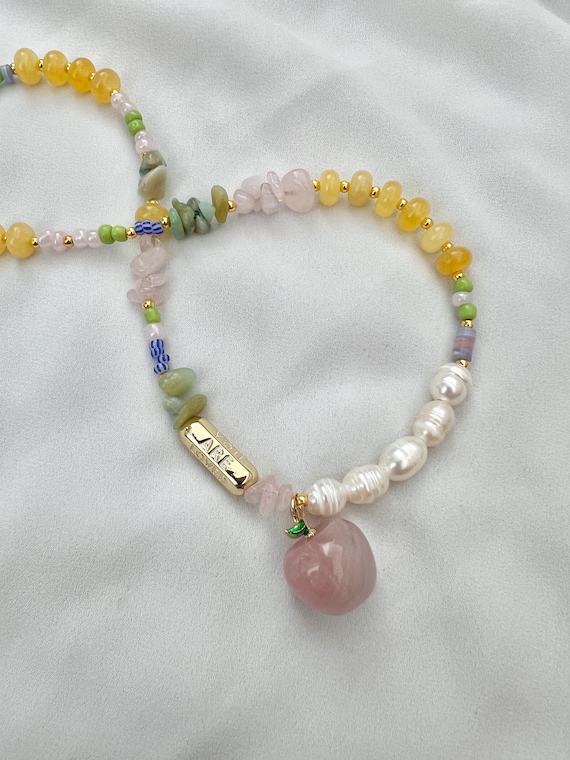 Rose Quartz Apple You are loved charm Freshwater pearl crystal glass beaded gold necklace