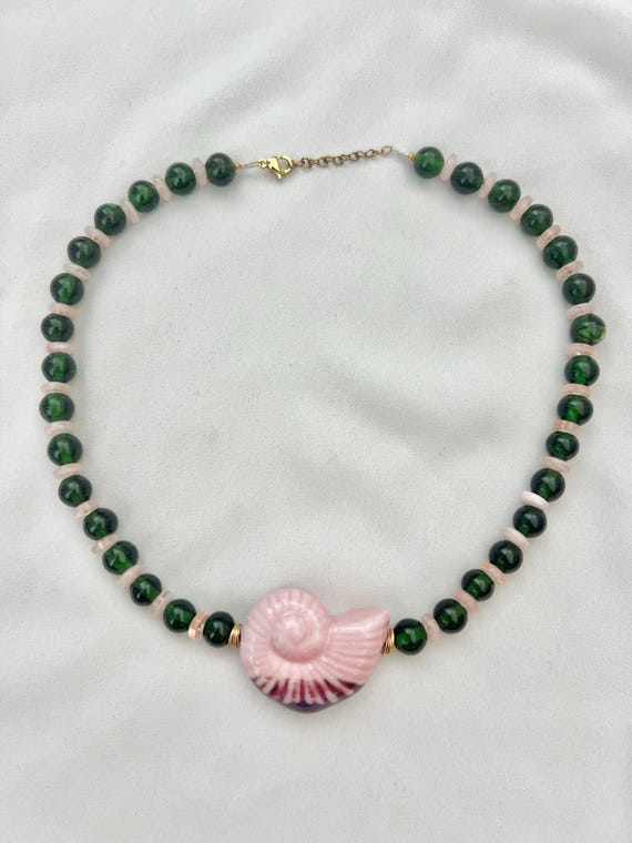 Ceramic pink shell green pink glass beaded necklace