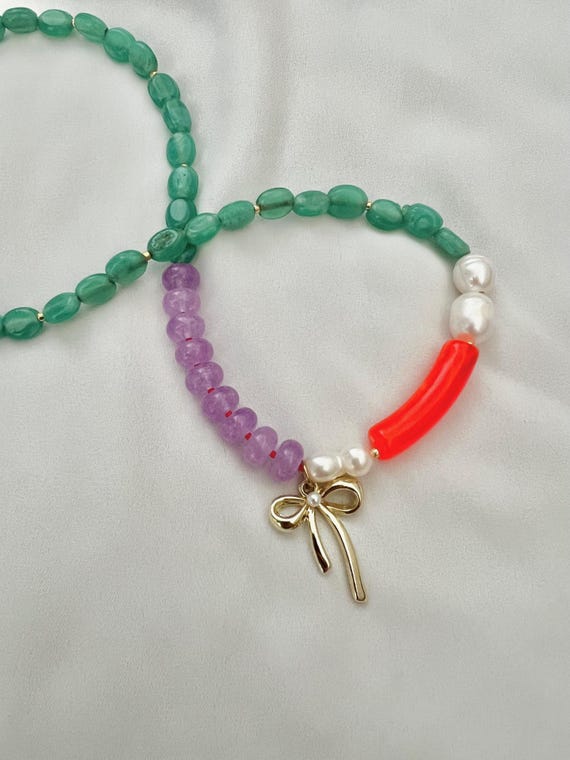Bow charm pearl glass green purple orange bead gold necklace
