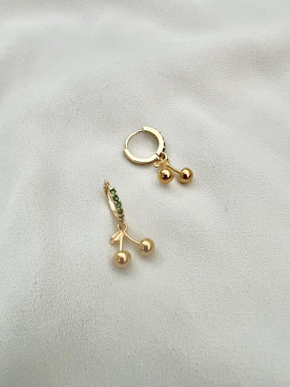 Cherry charm green cubic zirconia stone gold mini hoops