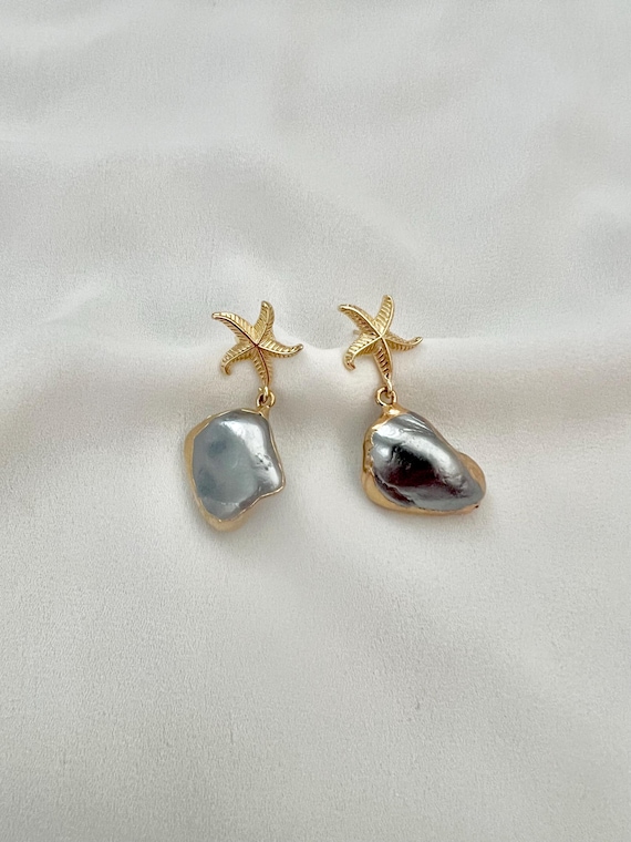 Gold plated blue Baroque pearl starfish stud dangle drop earrings