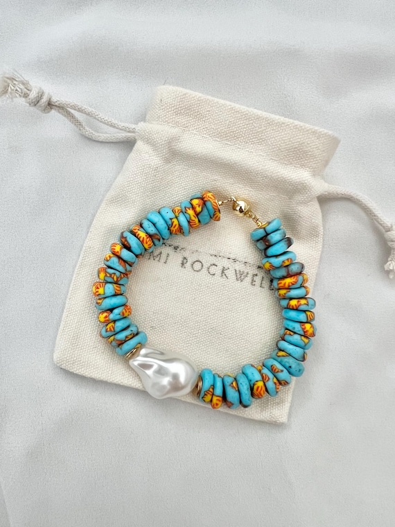 Blue and orange recycled African rondelle glass Baroque pearl bracelet