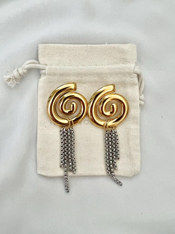 Gold silver chains spiral swirl large stud gold earrings
