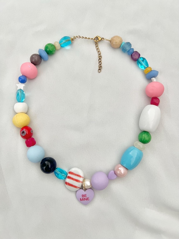 Purple Be mine heart pendant multicoloured large bead mix gold necklace