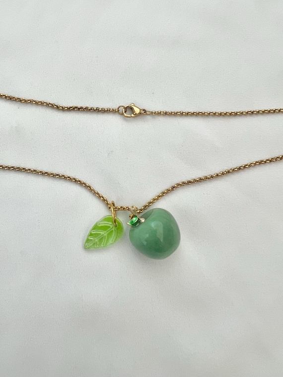 Green Aventurine crystal apple glass leaf pendant long gold chain necklace