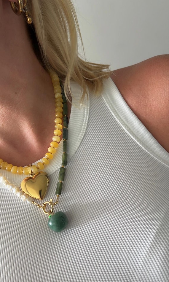 Gold heart locket yellow glass beaded necklace