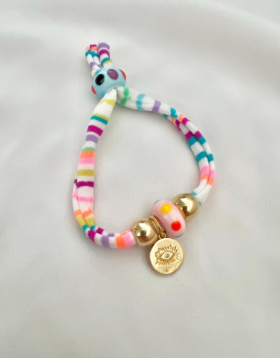 Recycled bikini string cherry gold string bracelet