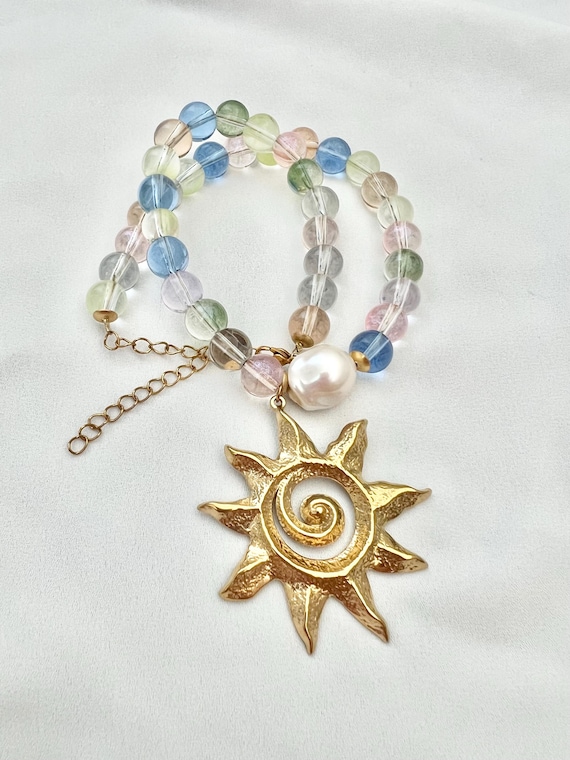 Sun pendant multicoloured pastel glass bead Baroque pearl necklace