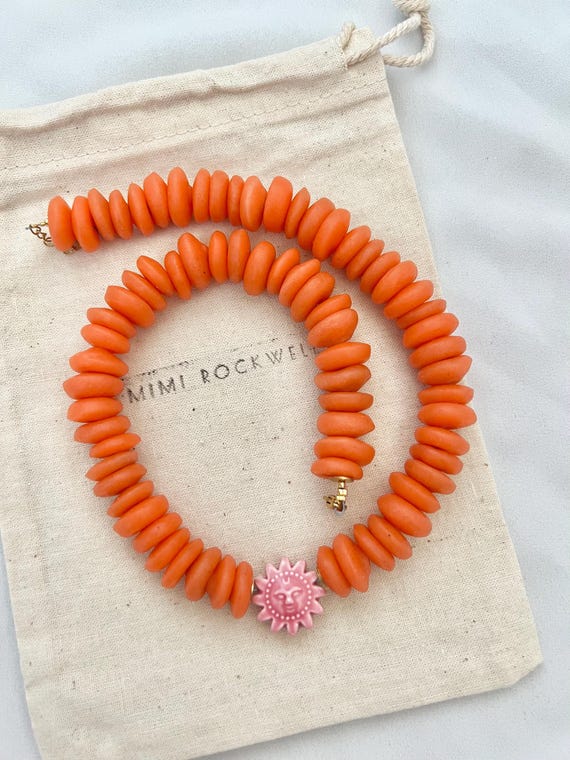 Recycled African Tangerine glass sun bead gold necklace