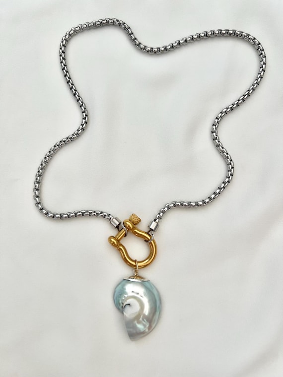 Small unique ice blue Nautilus shell stainless steel necklace