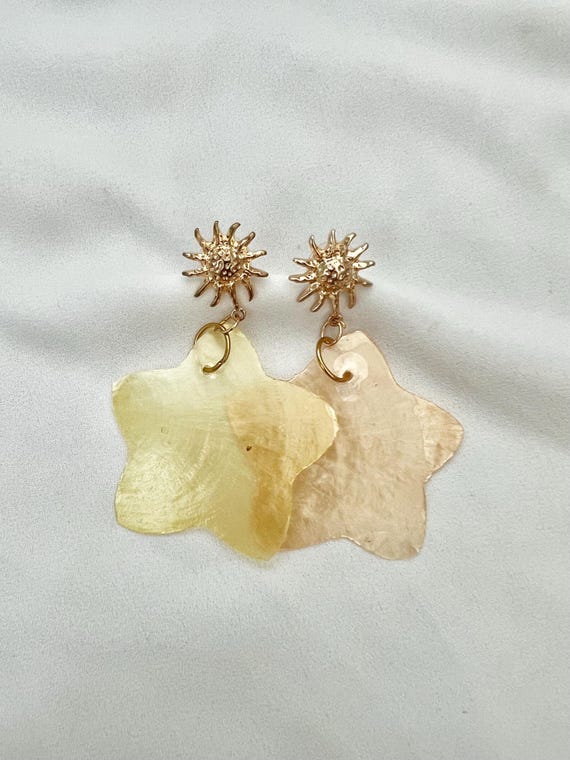 Yellow shell star sunflower stud drop gold earrings