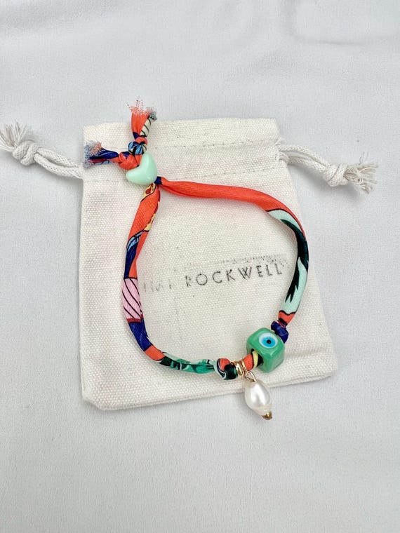 Orange green recycled scarf string pearl evil eye bead bracelet