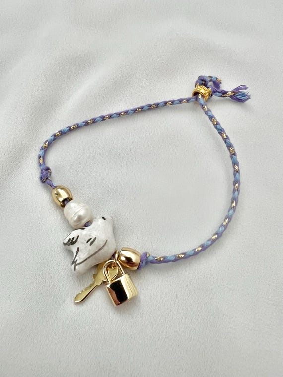 Hand painted ceramic dove pearl lock key charm blue string bracelet