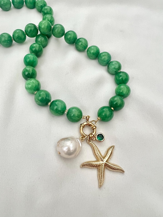 Green Jade stone bead Barque pearl starfish pendant gold necklace