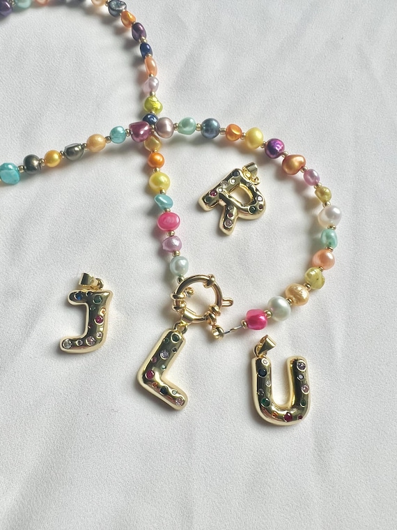Multicoloured Freshwater pearl Zircon bubble letter gold necklace