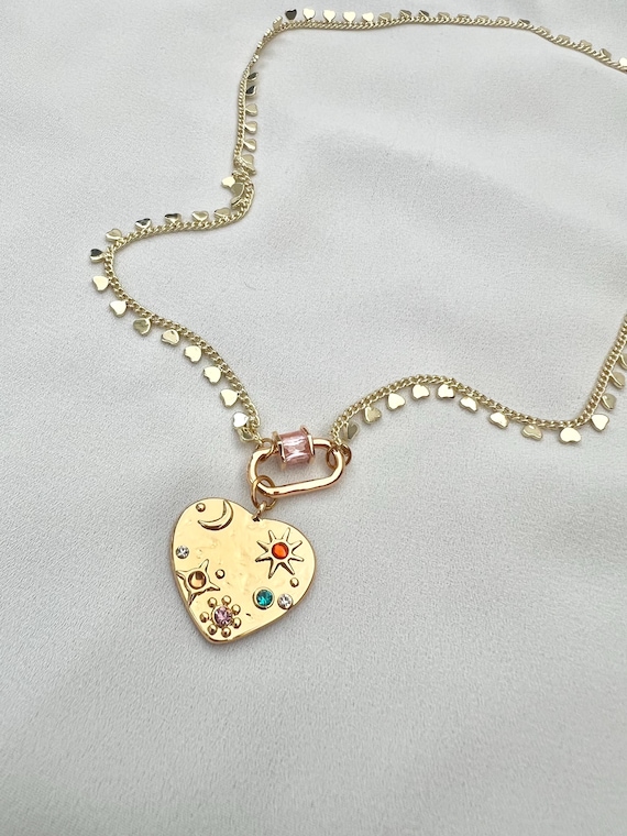 Short heart chain celestial heart pendant pink carabiner lock gold necklace