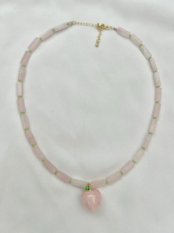Rose Quartz apple pendant and bead gemstone gold necklace