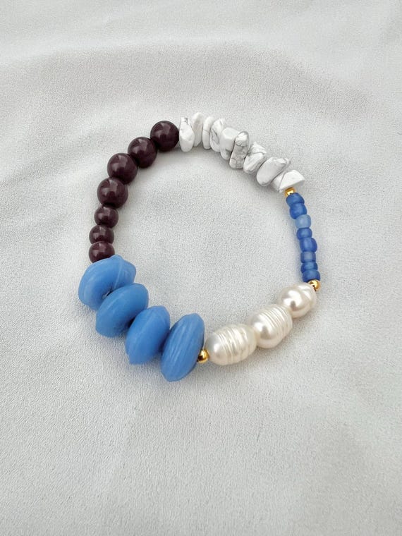 Freshwater pearl blue glass brown bead Howlite crystal bracelet