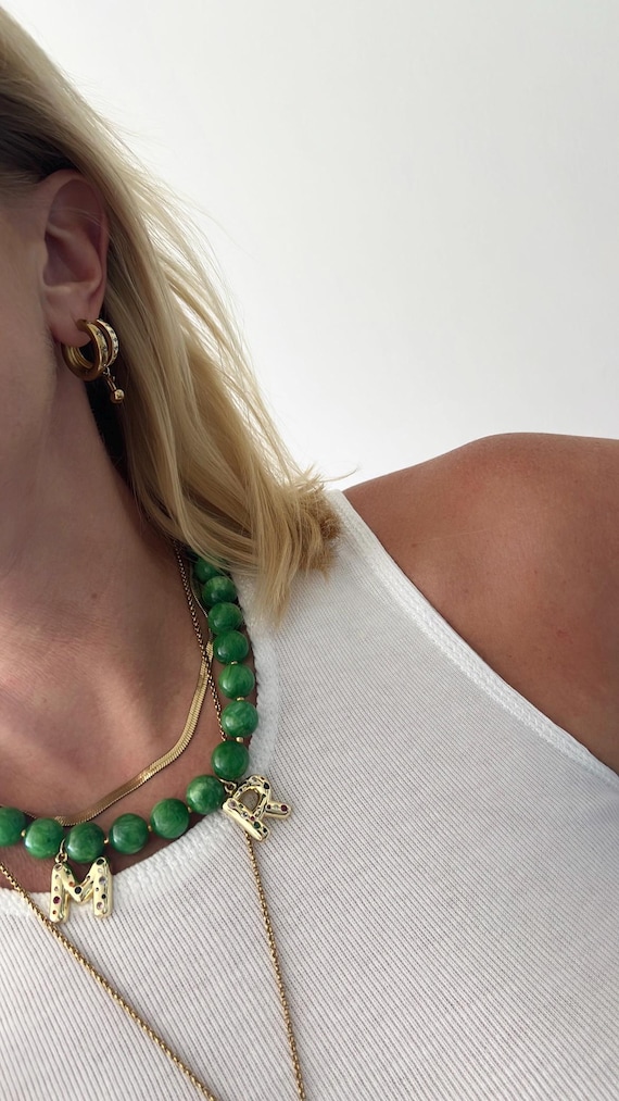 Cubic Zirconia Bubble Letter Green Jade large bead gold necklace