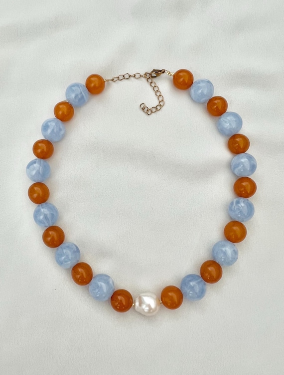 Light blue fudge brown large bead Barque pearl necklace
